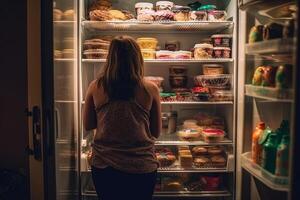 grasa mujer en frente de abierto refrigerador lleno de basura comida ilustración generativo ai foto