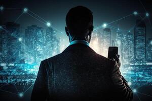 view from the back of a Businessman using mobile smart phone. Global corporate internet connection application technology and digital marketing, financial illustration photo