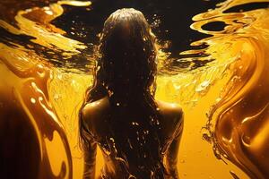 beautiful woman swimming in liquid gold view from the back illustration photo