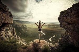 hermosa niña haciendo un desafiante yoga actitud en un acantilado con vista a un vasto y hermosa natural paisaje ilustración generativo ai foto