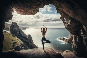 hermosa niña haciendo un desafiante yoga actitud en un acantilado con vista a un vasto y hermosa natural paisaje ilustración generativo ai foto