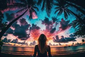 View from the back of beautiful girl practicing yoga on a tropical beach at sunset, with palm trees and colorful clouds in the background illustration photo