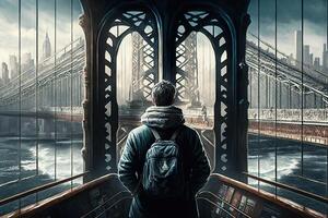 view from the back of a man alone on Manhattan bridge New York City, USA illustration photo