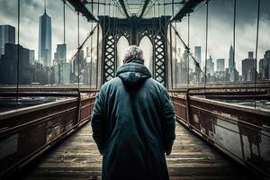 view from the back of a man alone on Manhattan bridge New York City, USA illustration photo