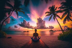 ver desde el espalda de hermosa niña practicando yoga en un tropical playa a atardecer, con palma arboles y vistoso nubes en el antecedentes ilustración generativo ai foto