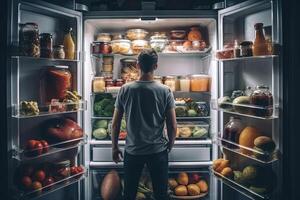 hombre en frente de abierto refrigerador lleno de sano comida ilustración generativo ai foto