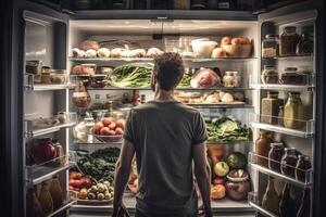 hombre en frente de abierto refrigerador lleno de sano comida ilustración generativo ai foto