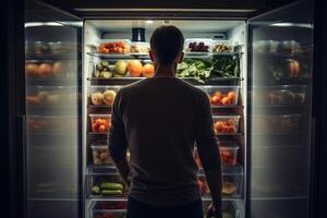 hombre en frente de abierto refrigerador lleno de sano comida ilustración generativo ai foto