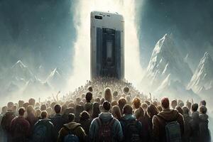 A group of teenagers who are adoring a giant smartphone like a god or divinity illustration photo