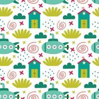 Seamless pattern with houses and a submarine. Vector background with a marine theme.