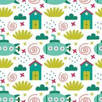 Seamless pattern with houses and a submarine. Vector background with a marine theme.