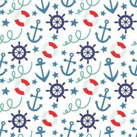 Seamless pattern with anchors, life circle, steering wheel. Vector background with a marine theme.