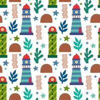Seamless pattern with lighthouses. Vector background with a marine theme.