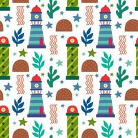 Seamless pattern with lighthouses. Vector background with a marine theme.