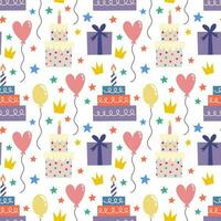 Seamless pattern with cakes and balloons Vector background with a birthday theme.