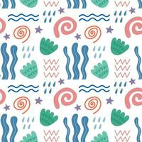 Seamless pattern with seashell, seaweed, abstract elements. Vector background with a marine theme.