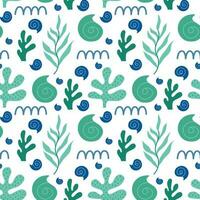 Seamless pattern with seashell, seaweed, abstract elements. Vector background with a marine theme.