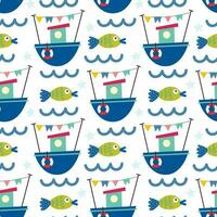 Seamless pattern with boats and fish. Vector background with a marine theme.
