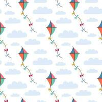 Seamless pattern with kite and clouds. Vector background with a birthday theme.