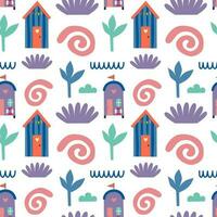 Seamless pattern with beach house and plants. Vector background with a marine theme.