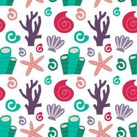 Seamless pattern with seashell, seaweed, abstract elements. Vector background with a marine theme.