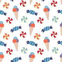 Seamless pattern with ice cream, sweets. Vector background with a birthday theme.