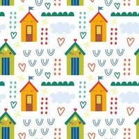 Seamless pattern with beach house and plants. Vector background with a marine theme.