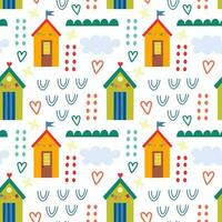 Seamless pattern with beach house and plants. Vector background with a marine theme.