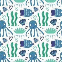 Seamless pattern with fishes and octopuses. Vector background with a marine theme.