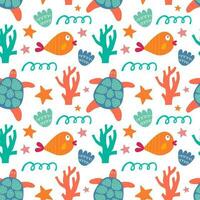 Seamless pattern with turtles and fish. Vector background with a marine theme.
