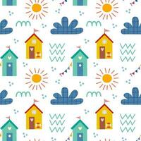Seamless pattern with beach house and plants. Vector background with a marine theme.