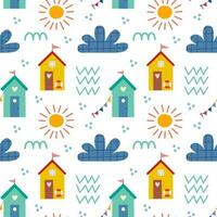 Seamless pattern with beach house and plants. Vector background with a marine theme.