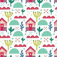 Seamless pattern with beach house and plants. Vector background with a marine theme.
