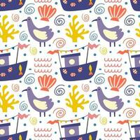 Seamless pattern with boats and birds. Vector background with a marine theme.