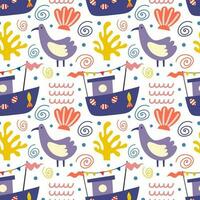 Seamless pattern with boats and birds. Vector background with a marine theme.