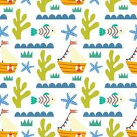 Seamless pattern with boats and fish Vector background with a marine theme
