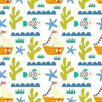 Seamless pattern with boats and fish Vector background with a marine theme