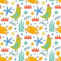 Seamless pattern with birds and crabs. Vector background with a marine theme.