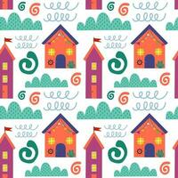 Seamless pattern with beach house and plants. Vector background with a marine theme.