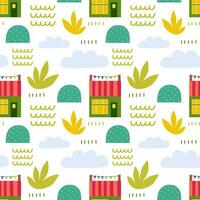 Seamless pattern with beach house and plants. Vector background with a marine theme.