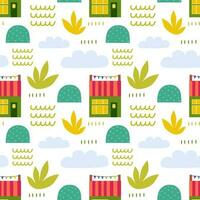 Seamless pattern with beach house and plants. Vector background with a marine theme.