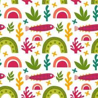 Seamless pattern with rainbow and fishes. Vector background with a birthday theme.