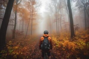 ver desde el espalda de un hombre montando montaña bicicleta en el bosque ilustración generativo ai foto