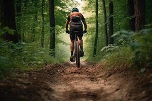 ver desde el espalda de un hombre montando montaña bicicleta en el bosque ilustración generativo ai foto