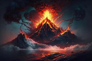 volcano erupting underwater, with lava flowing into the ocean illustration photo