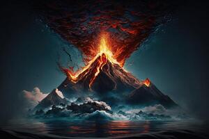 volcano erupting underwater, with lava flowing into the ocean illustration photo