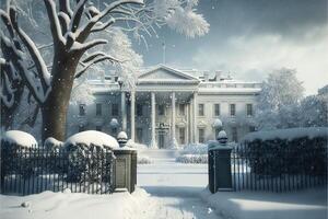 white house under the snow Christmas blizzard in Washington DC City skyline in winter. illustration photo