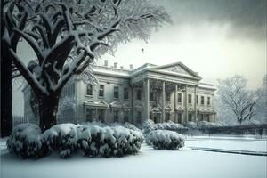 white house under the snow Christmas blizzard in Washington DC City skyline in winter. illustration photo