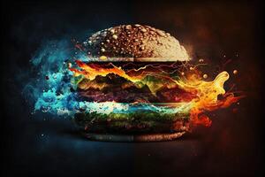 World burger Day Happy burger Day concept. Burger isolated exploding illustration photo