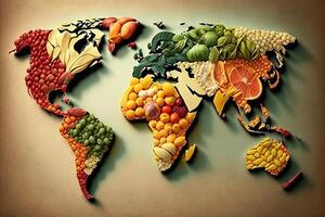 mundo mapa hecho de Fresco frutas creativo dieta comida sano comiendo concepto ilustración generativo ai foto